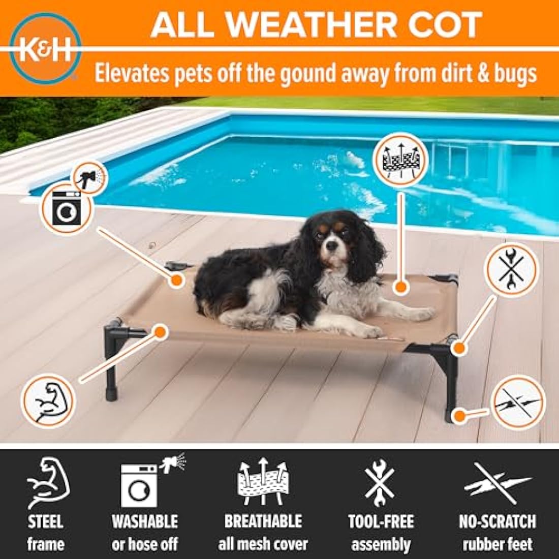 K&H Pet Products Original Pet Cot Elevated Pet Bed All Season Tan Mesh Medium 25 X 32 X 7 Inches