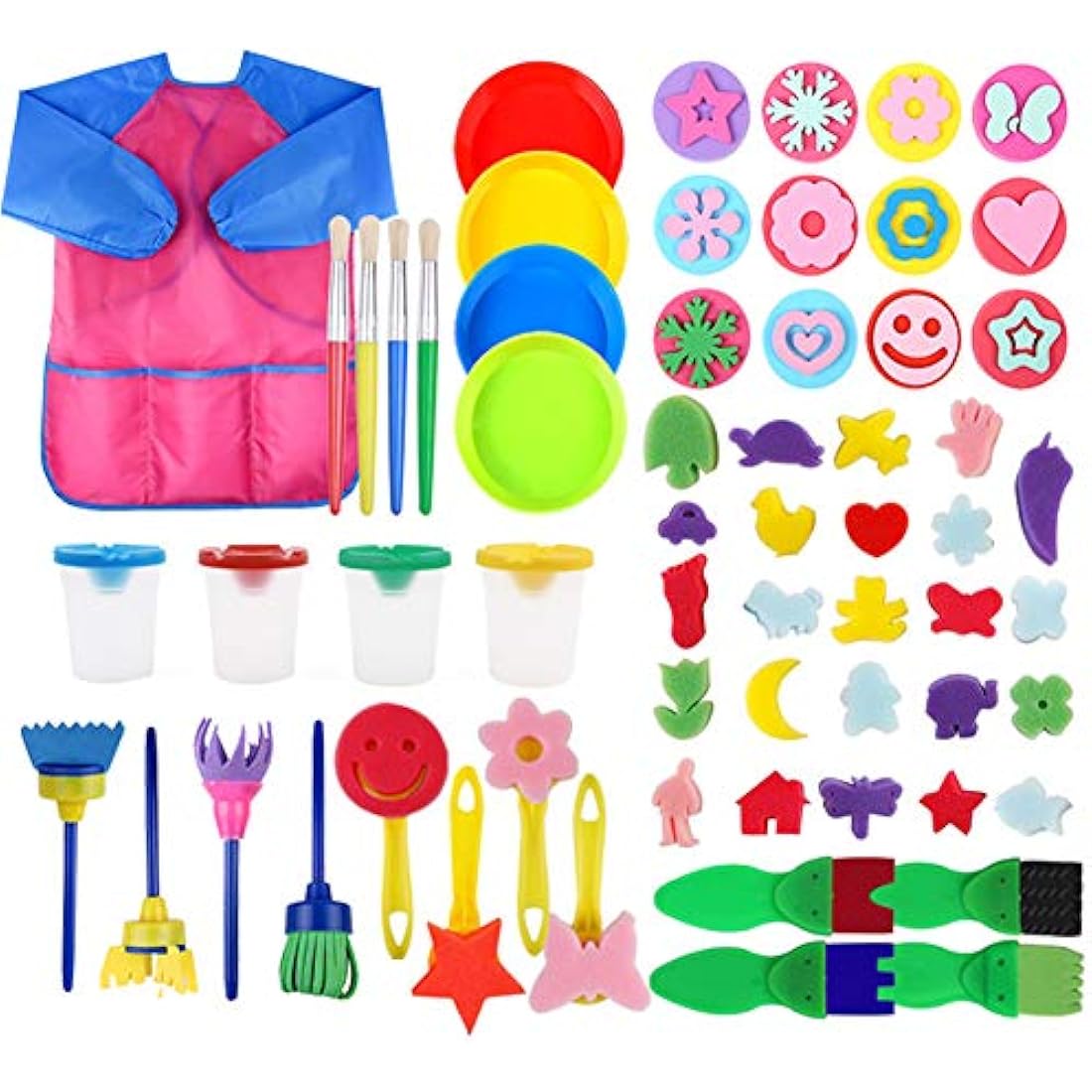 FOVERN1 60 Pieces Sponge painting for Toddlers, Painting Brushes Kits for Kids, Foam Paint Brushes Set, Paint Cups with 1 PCS Waterproof Paint Apron