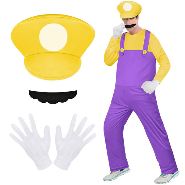 Aomig Mario Costumes, 4 Pack Mario Cosplay Costume Accessories Kits with Bodysuit, Luigi Hats Cap, Mustaches, White Gloves, Mario Luigi Bros Fancy Dress Outfit Costume for Women Men
