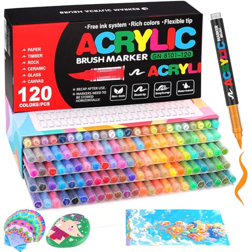Efimeso 120 Colours Acrylic Paint Pens,Water-Based Brush Markers Paint Pens Acrylic Markers for Rock Painting, Canvas, Wood, Stone, Ceramic, Glass,