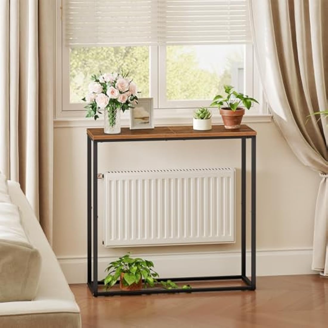 HOOBRO Console Table, Narrow Console Table for Hallway Slim, Hallway Table, Small Sofa Table for Small Spaces, Living Room, Entrance, Bedroom, Industrial, Metal Frame, Rustic Brown EBF76XG01