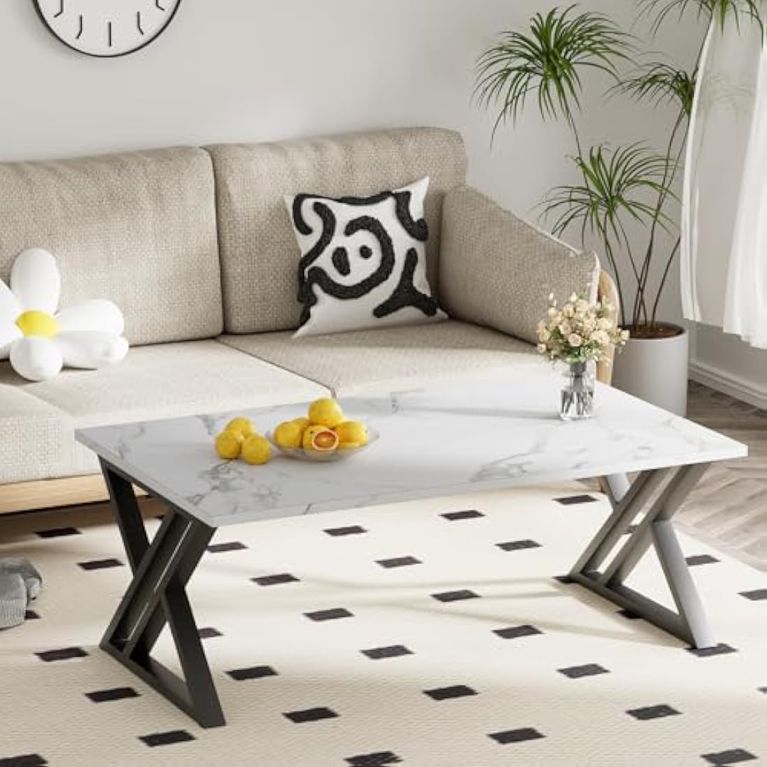 Coffee Table, Living Room Table, Center Tea Tables, Rectangular Tea Tables, End Sidetable with Black Metal Frame for Living Room Bedroom Office, Modern Open Design, 39.3 x 18.9 x 17.7 IN, White/Black