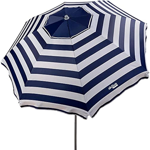 AKTIVE 62225 Beach Umbrella 220 cm Windproof Sun Shade Roof Ventilation Pole 28-32 mm UV 50 Protection Marine Stripe Design Includes Storage Bag