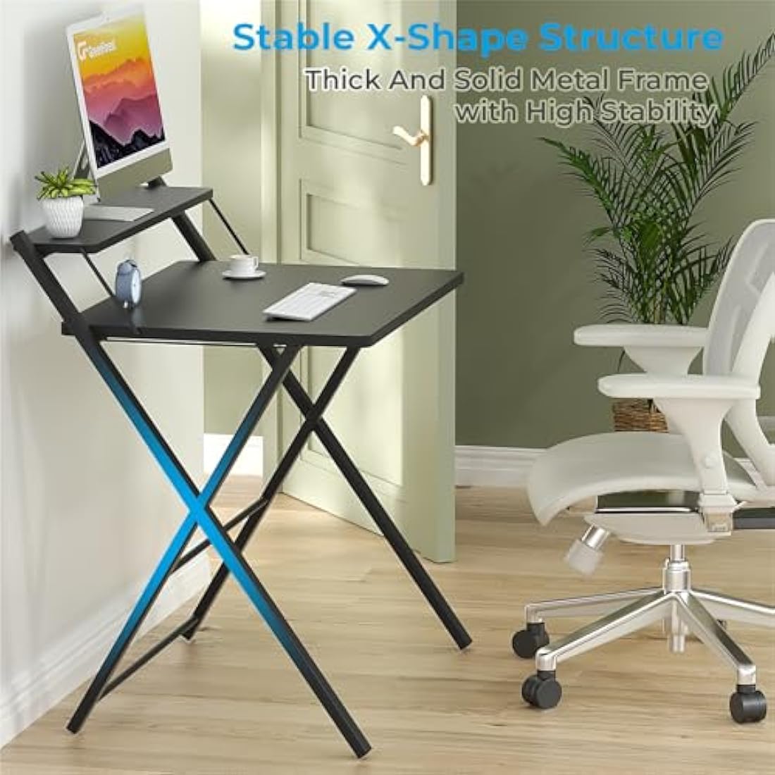 GreenForest Folding Desk No Assembly Required,Computer Desk with Monitor Shelf,Small Desk for Small Space,Black