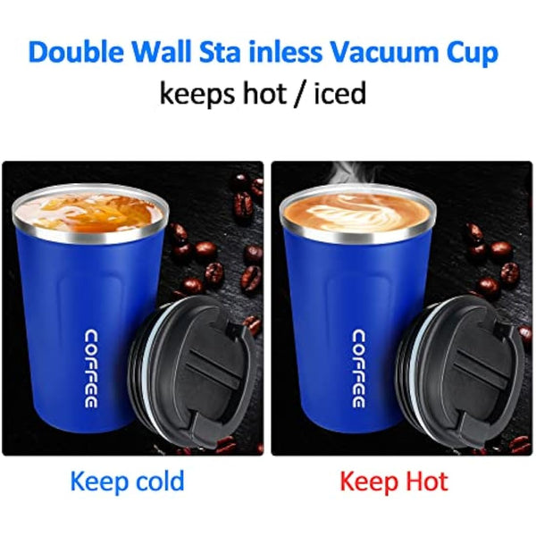 MOMSIV Coffee Cup, 380ml Vacuum Reusable Leakproof Double Wall Coffee Cup, Insulation Stainless Steel Eco-Friendly Travel Office Mug for Hot Coffee Tea and Cold Drinks (Diamond Blue)