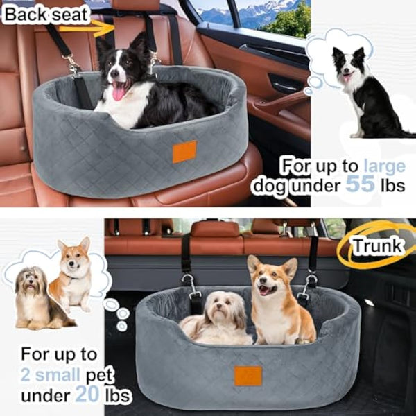 Dog Car Seat for Large/Medium Dogs Under 55 lbs, Travel Bed with thick Washable Booster Pet Car Seat with Non-Slip Base, Fits SUV & Car Back Seat (Gray)