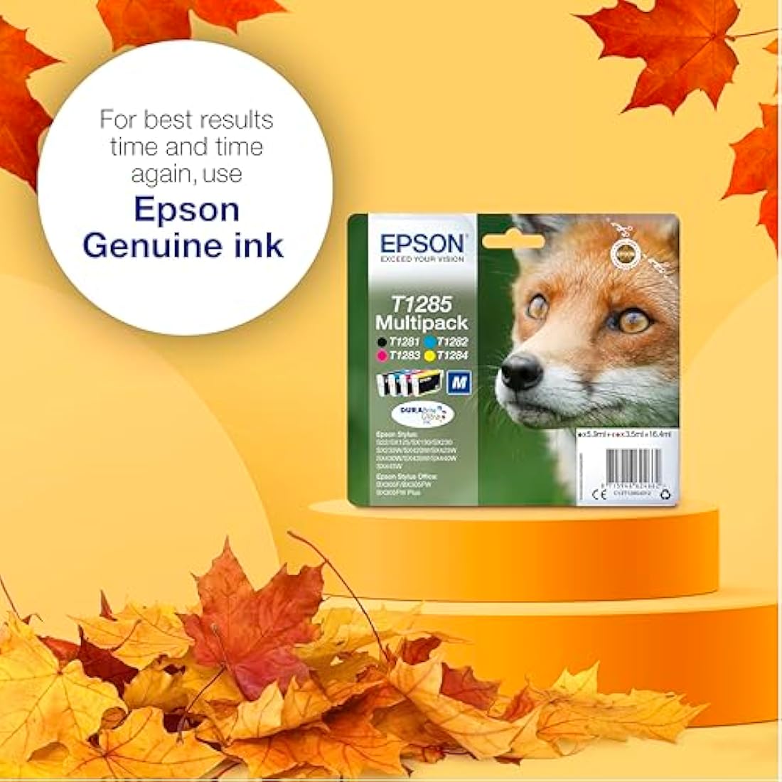 Epson T1285 Fox Genuine Multipack, Eco-Friendly Packaging, 4-colours Ink Cartridges, DURABrite Ultra Ink
