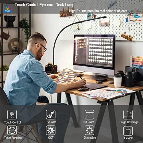 EYOCEAN Desk Lamp, LED Desk Lamp Desk Light with Flexible Gooseneck 12W Swing Arm Lamp Eye-Care Desk Light with Clamp Adjustable Color Temperature & Brightness Touch Sensitive Control Timing/Memory