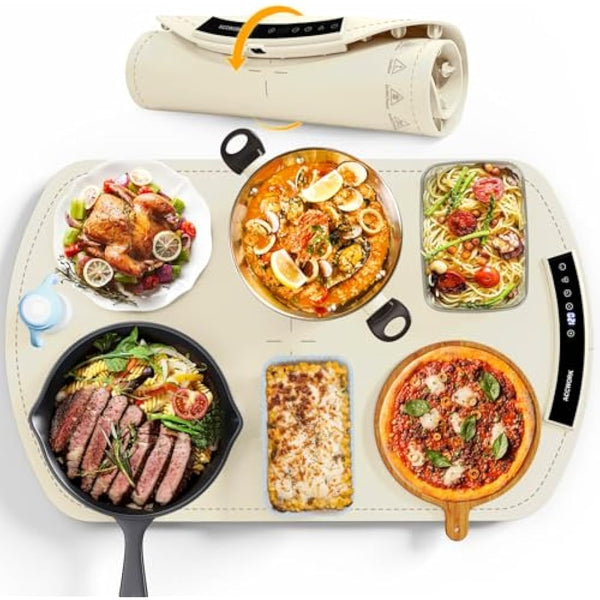 Accwork Electric Food Warmer, Portable Food Warming Tray with 6 Timers, 9 Temperature Settings, Waterproof Silicone Heating Mat for Buffet Party, Home Dinners & Gatherings, 65 x 40 x 1.8cm, Beige