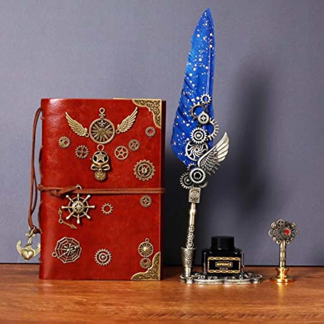 MPRINCE Quill Pen Ink Set Leather notebook With Quill Pen,Notebook,5 Replaceable Nibs,Seal Stamp,Spoon,Wax Beads,White Wax,Ink,Pen Holder,Cup,Envelope,Letter Paper(blue)