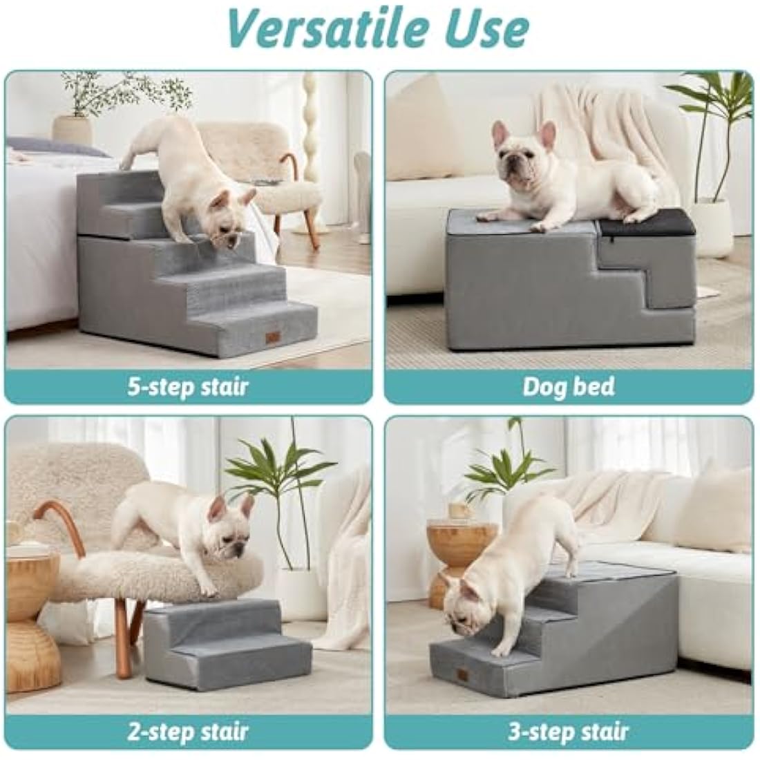 COZY KISS Wide Dog Stairs for Small Dogs, 2-in-1 Pet Steps for Couch Bed Sofa, 60cm High Non-Slip Dog Climbing Steps for Puppies and Old Cats with Support Board (Grey, 75x50x60cm, 5)