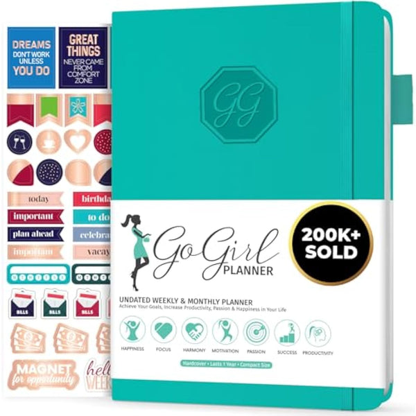 GoGirl Planner and Organizer for Women – Compact Size Weekly Planner, Goals Journal & Agenda to Improve Time Management, Productivity & Live Happier. Undated – Start Anytime, Lasts 1 Year – Turquoise