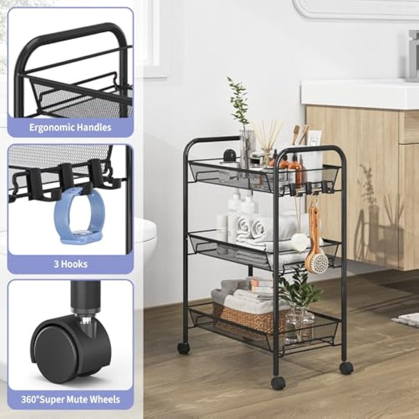 APEXCHASER 3-Tier Rolling Cart,Easy Assemble Mobile Storage Trolley On Wheels,Slide Out Utility Cart Shelving Units Kitchen Bathroom Laundry Room,Black