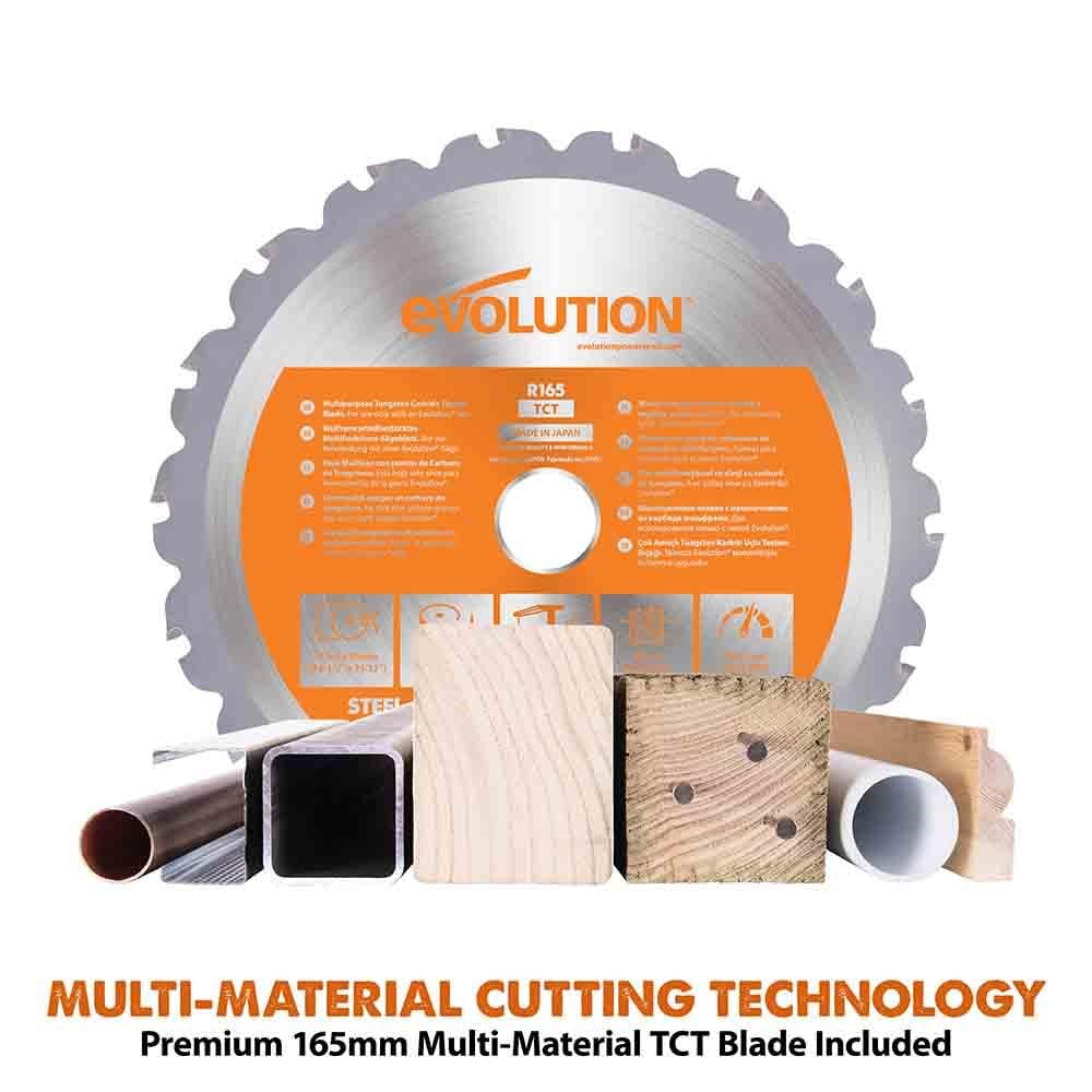 Evolution Power Tools R185CCSX Circular Saw With 1020 mm 3-Piece Track | Multi-Material Blade, Cuts Wood, Metal, Plastic & More | Incl Dust Port Adapter | 185mm (230v)
