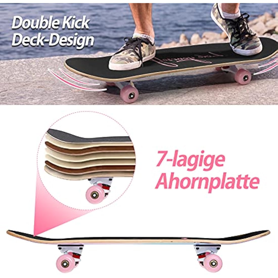 ILAHUI Skateboard for Teenagers, Girls, Adults, Beginners - 7 Layers Maple Wood Deck 80 x 20 cm - Rainbow Powder