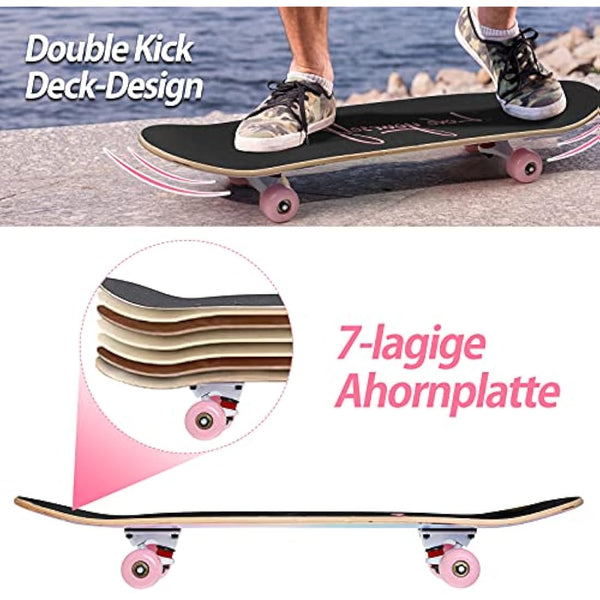ILAHUI Skateboard for Teenagers, Girls, Adults, Beginners - 7 Layers Maple Wood Deck 80 x 20 cm - Rainbow Powder