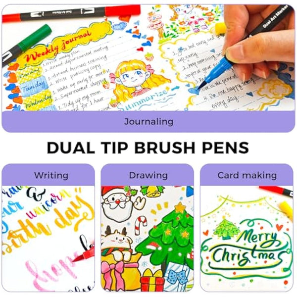 Artecho 72 Dual Tip Brush Pens, Colouring pens for Adult, felt tip pens, Colouring Books, Calligraphy, Drawing, Sketching, nylon tip for Artists, Beginners