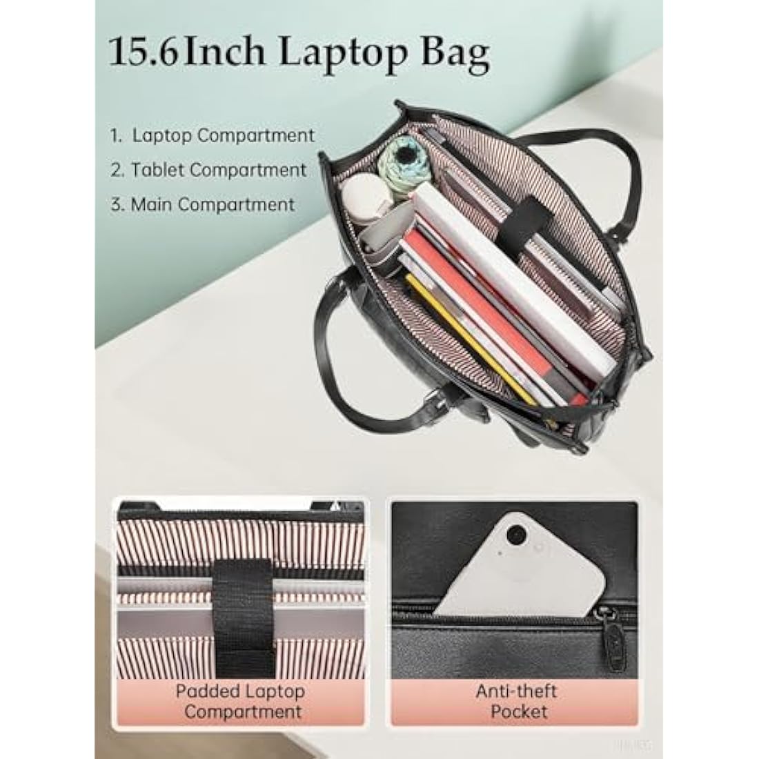 MATEIN Laptop Bags for Women with Insulated Leakproof Lunch Compartment, 15.6 Inch PU Leather Briefcase, Laptop Tote Work Bag with an Adjustable Handle, Designer handbag for School, Office, Black