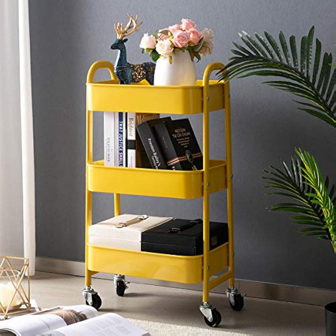 DOEWORKS 3 Tier Storage Trolley on Wheels Rolling Kitchen Trolley Craft Trolleys Beauty Trolleys Metal Storage Utility Cart for Books Room Bathroom Office, Yellow