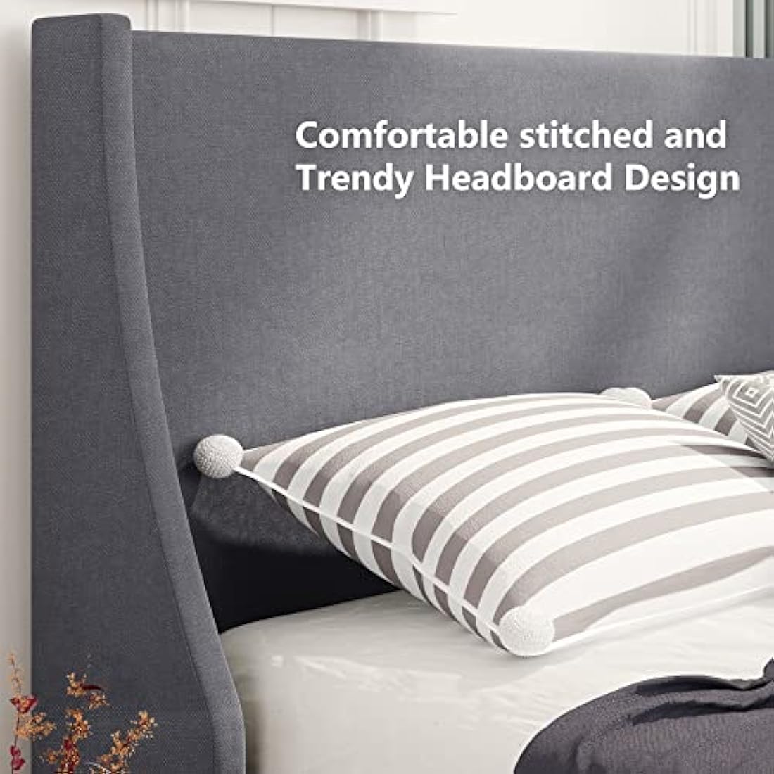 Merax Single Bed Frame 3FT Upholstered Bed with Winged Headboard, Wood Slat Support, Strong Comfortable Single Bed, Bedroom Furniture, Soft Linen Grey