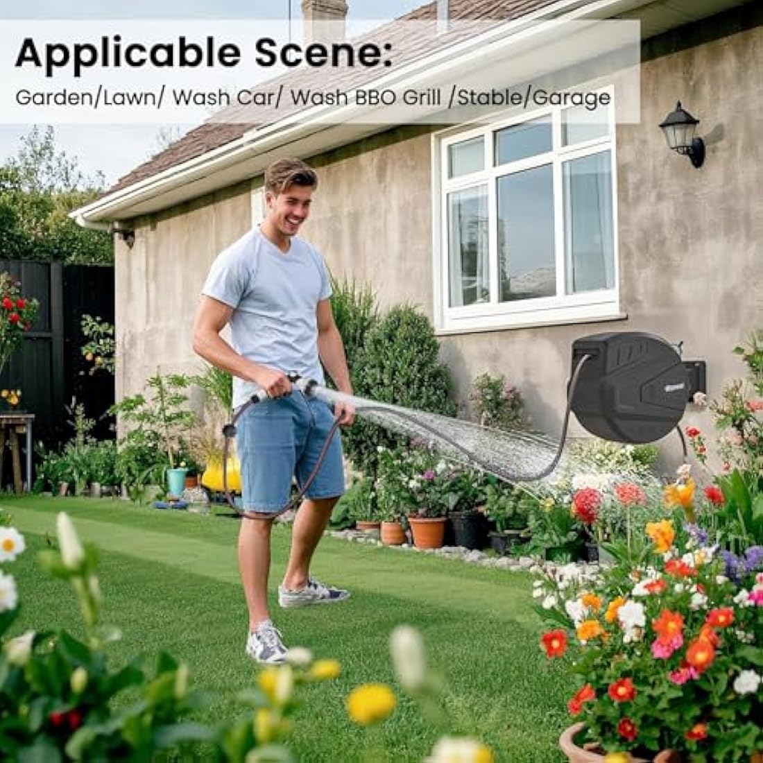 Roywel Auto Reel Garden Hose 40M，Hose Reel Wall Mounted，Auto Rewind, Self-Locking System,180° Pivotal with Multifunction Spray Nozzle