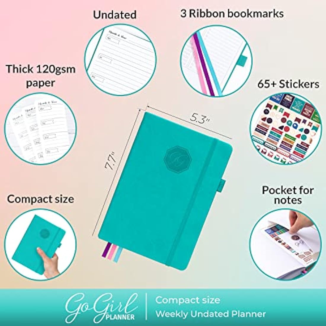 GoGirl Planner and Organizer for Women – Compact Size Weekly Planner, Goals Journal & Agenda to Improve Time Management, Productivity & Live Happier. Undated – Start Anytime, Lasts 1 Year – Turquoise