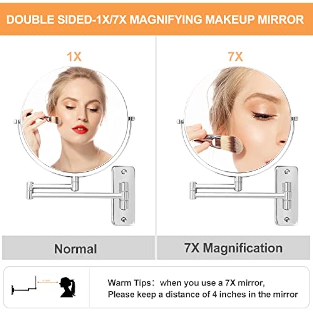 FFowcye 9" Wall Mounted Makeup Mirror, 1x/7x Magnifying Shaving Mirror, Double Sided Bathroom Shower Mirror with Extendable Arm, 360° Swivel for Precise Makeup & Vanity, Chrome Finish (No Light)