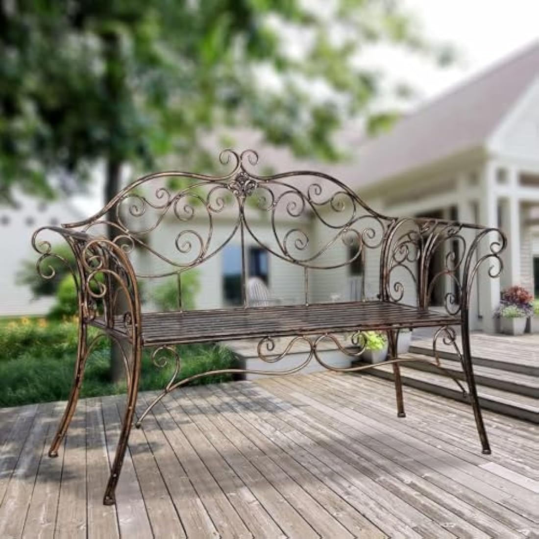 HLC Metal Antique Garden Benches Clearance Outdoor wrought iron Bench 2 Seat with Decorative Cast Iron Backrest Iron Cast Aluminium Bench for Garden,Patio, Porch and Yard Max 250kg (Brown)