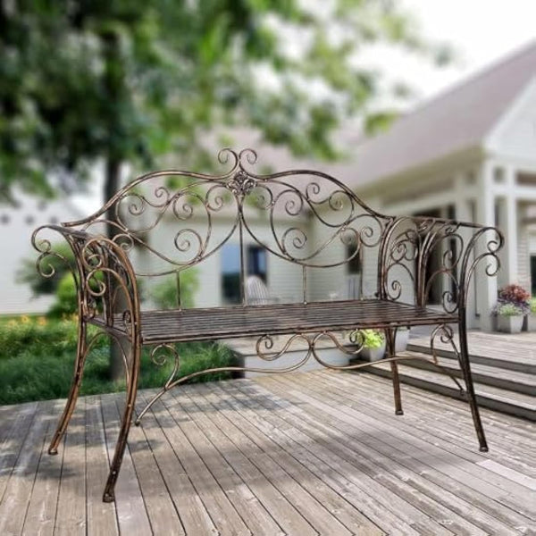 HLC Metal Antique Garden Benches Clearance Outdoor wrought iron Bench 2 Seat with Decorative Cast Iron Backrest Iron Cast Aluminium Bench for Garden,Patio, Porch and Yard Max 250kg (Brown)