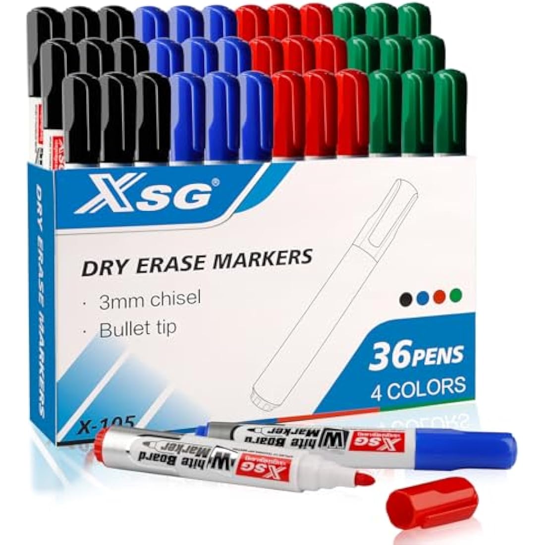 ABEIER Whiteboard Pens Markers, 4 Assorted Colors Dry Erase Markers, Home Office School Supplies, Bullet Tip Low Odour (Pack of 36)