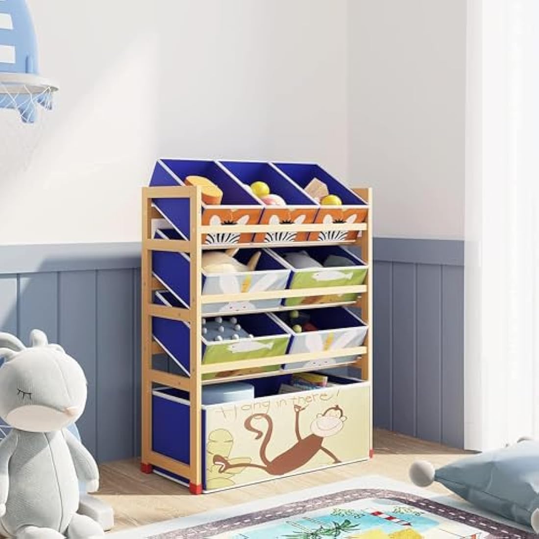 Dripex Kids Toy Storage Units, 4 Tier Children's Toy Organiser Shelf with 8 Removable Fabric Bins Boxes, Wooden Organiser Rack for Nursery Playroom 64 x 28 x 81cm