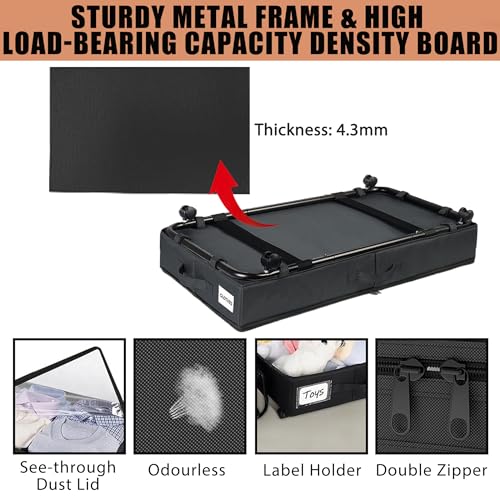 2 Pack Under Bed Storage Rolling Metal Frame Underbed Containers with Wheels Lid Visiable Window Storage Bag Box Organizer Home Closet Organization