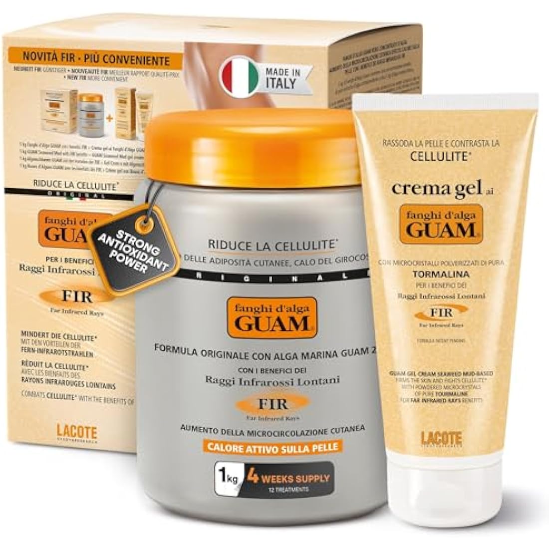 GUAM FIR Seaweed Mud Anti Cellulite Treatment + Tourmaline Cellulite Cream Gel Set - Body Leg & Tummy Tightening Duo - 1kg Hot Body Warp Cellulite Remover & 250ml Slimming Mud Gel - Skin Firming Cream