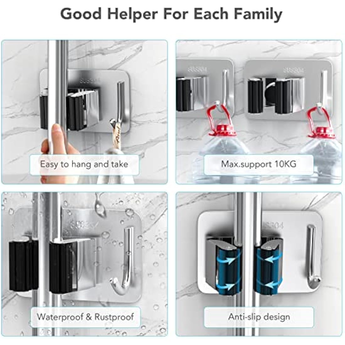 homeasy Mop Broom Holder, 4 Pcs Stainless Steel Self Adhesive Mop Holder Wall Mounted with Hooks Hanger Self-Adhesive Broom Holder (Siver Mix)