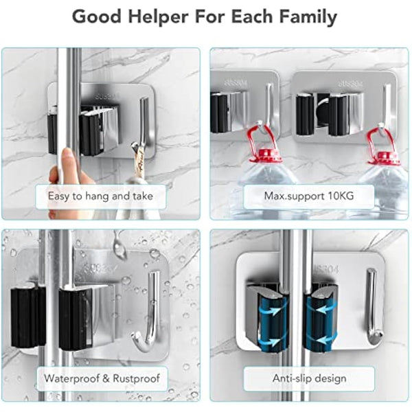homeasy Mop Broom Holder, 4 Pcs Stainless Steel Self Adhesive Mop Holder Wall Mounted with Hooks Hanger Self-Adhesive Broom Holder (Siver Mix)