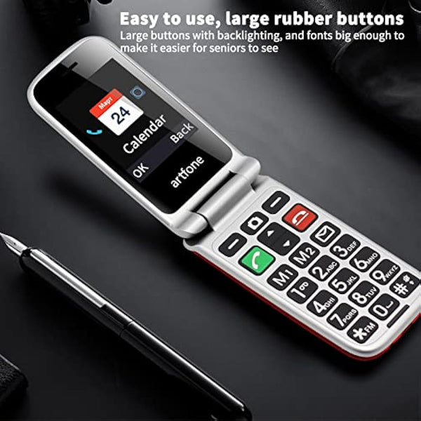 artfone CF241 Flip mobile Phone for Elderly People, Simple Big Button Flip Phone for Seniors, GSM Phones Unlocked SIM Free with 2.4" Large Screen(Red)