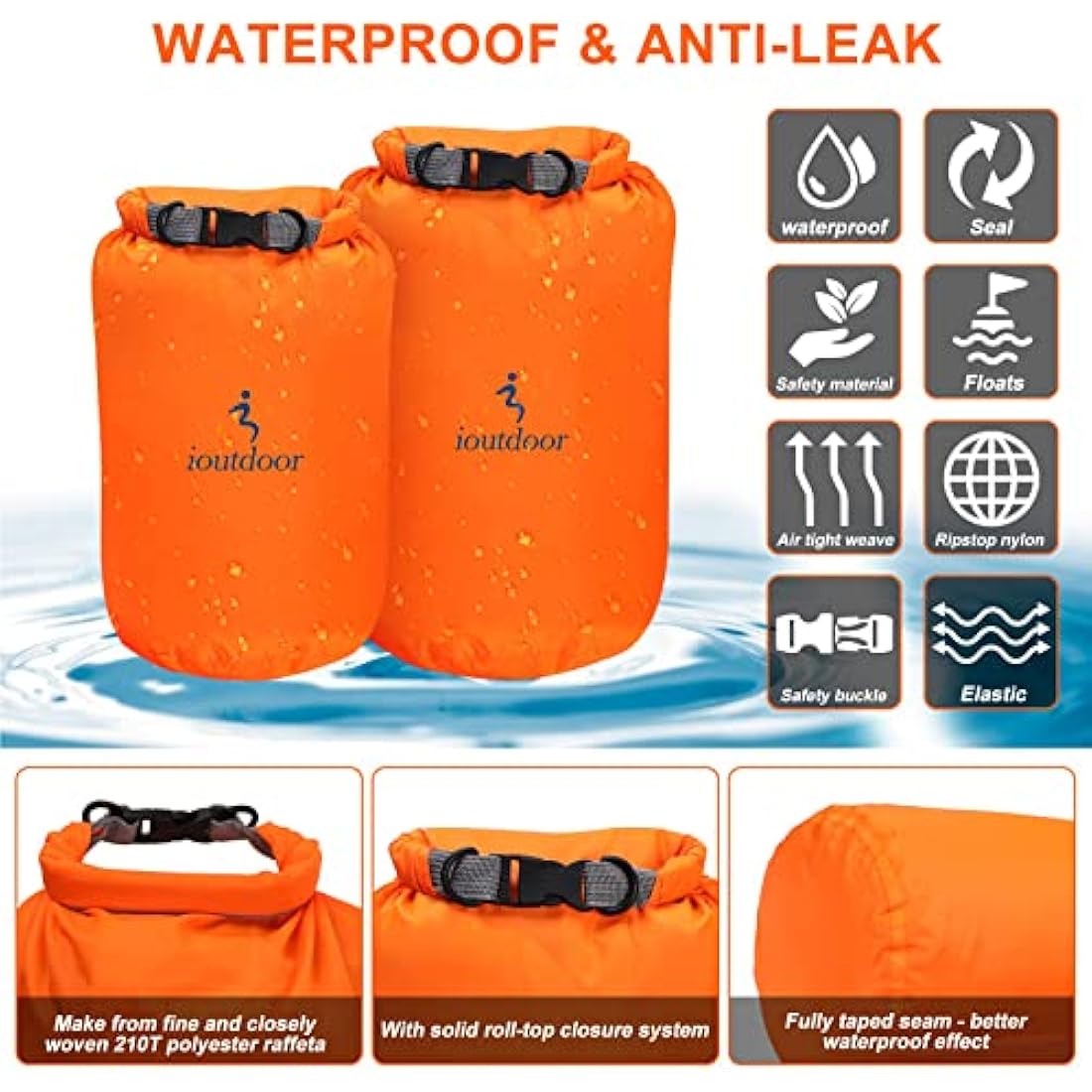 ioutdoor Waterproof Dry Bags Lightweight 2L/5L/10L/20L Keep Dry Clean, Dry Compression Sacks Small Large for Kayaking, Hiking, Swimming, Camping, Canoeing, Boating, Fishing
