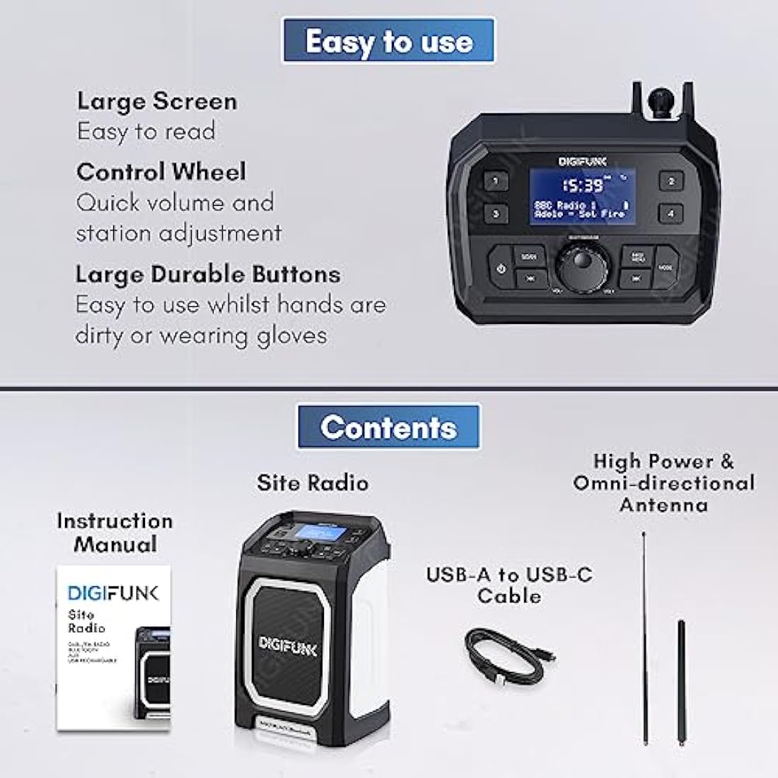DigiFunk Work Site Radio | USB Rechargeable | DAB+, DAB, FM, Bluetooth, AUX Input | IP65 Waterproof Rugged Durable Design | Perfect for Builders, Outdoors, Warehouse, Garage, DIYer, Shed