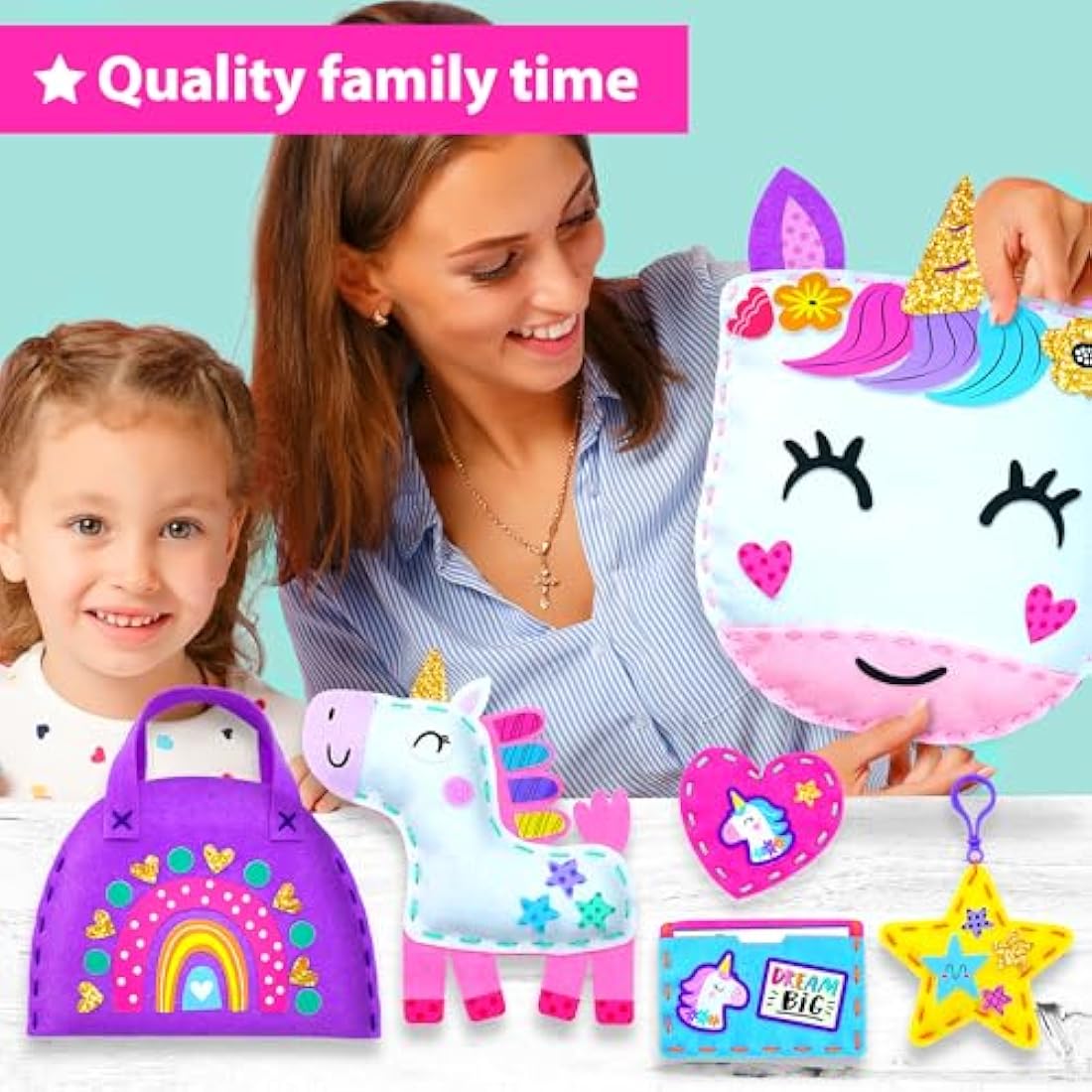 KRAFUN My First Unicorn Sewing Kit for Kids, Beginner Crafts with 5 DIY Projects (Stuffed Animal, Pillow, Mobile, Keyring, Bag), Plush Felt, Instructions, Embroidery Supplies, Pre-Punched Fabric