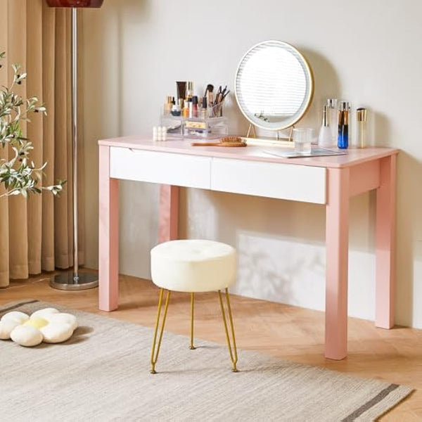 IBUYKE Faux Leather Round Footrest Stool, Makeup Vanity Stool Side Table, PU Dressing Table Seat, Pouf Couch Stool, Golden Steel Legs, White L/G-31W