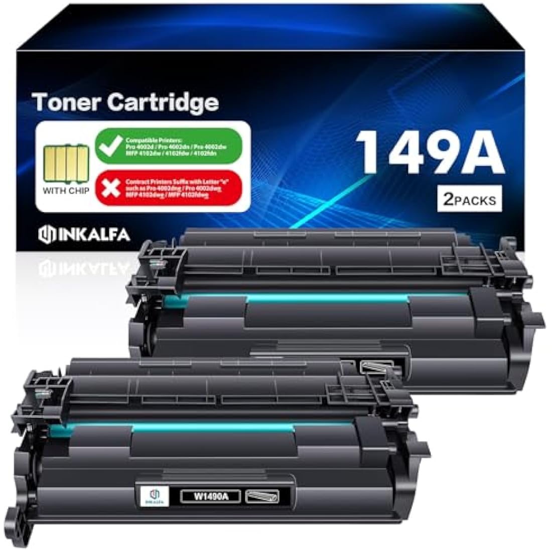 149A W1490A (With Chip) Toner Cartridge Compatible for HP 149A 149X W1490A W1490X Toner Pro 4002dn 4002d 4002dw 4002 MFP 4102fdw 4102dw 4102fdn 4102 Black, 2-Pack