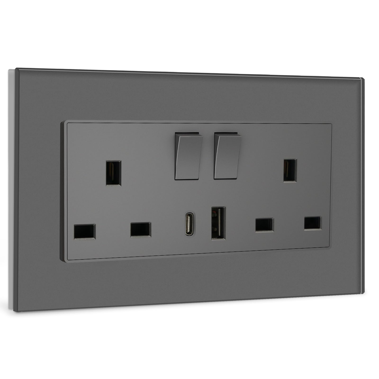 BSEED Double Socket 13A with LED Indicator, Double Switched Wall Socket 2 Gang UK Standard, Electric Switched Plug Power Wall Outlet with Glass Panel, Grey