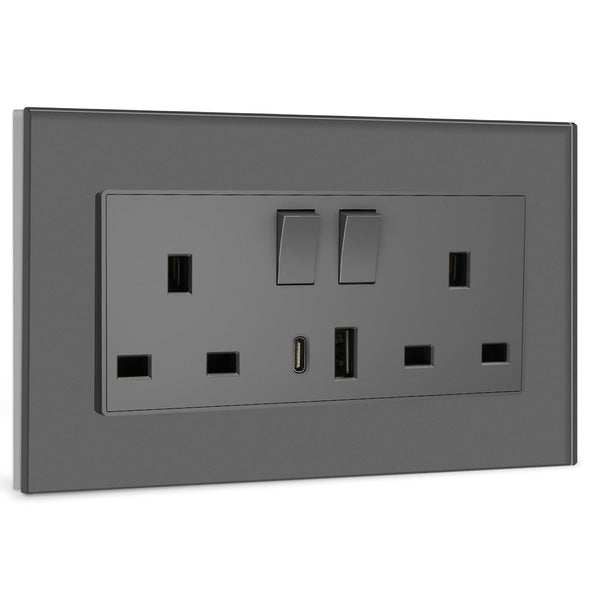 BSEED Double Socket 13A with LED Indicator, Double Switched Wall Socket 2 Gang UK Standard, Electric Switched Plug Power Wall Outlet with Glass Panel, Grey