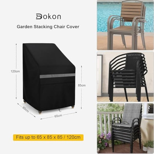 Dokon Garden Stacking Chair Covers Waterproof Garden Chair Cover Heavy Duty 420D Oxford Fabric Windproof Anti-UV Stackable Chair Cover with Air Vent, Patio Outdoor Chair Covers - 65x85x85/120cm