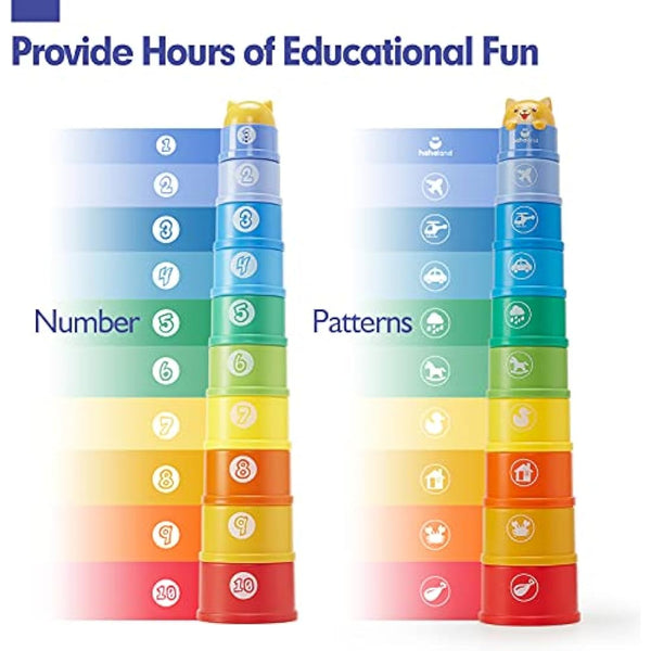 Hahaland Rainbow Stacking Cups 10 Pcs for 1 Year Old Girls Boys With Lights Sounds - Number Nesting Cups Educational Bath Baby Toys 12 18 Months 2 Year Old