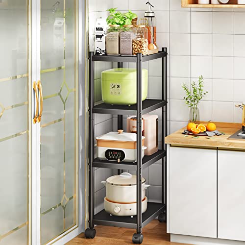 SAYZH Shelving Unit, 4 Tier Metal Kitchen Trolley on Wheels, Multifunctional Heavy Duty Narrow Storage Shelves Rack with Wheels and Anti-slip Feet for