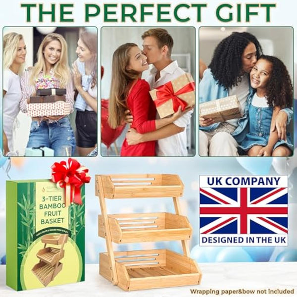 Golden Nature - Fruit Basket - 3-Tier Bamboo Fruit & Vegetable Storage Organiser for Kitchen Counter - Lightweight & Easy Assembly Countertop Fruit Stand Holder Bowl w/Included Screws