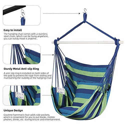 Goutime Hammock Chair Swing with 2 Seat Cushions Pillows, Hanging Chair with Detachable Metal Support Bar,Swing Chair with Carry Bag,Hanging Chair for