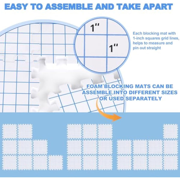 Aeelike Blocking Mats for Knitting, Crochet & Craft - 9 Pack Interlocking Foam Crochet Blocking Mats with Grid, 200 T-Pins, Pin Cushion & Storage Bag - Large Knitting Blocking Board and Pins Set