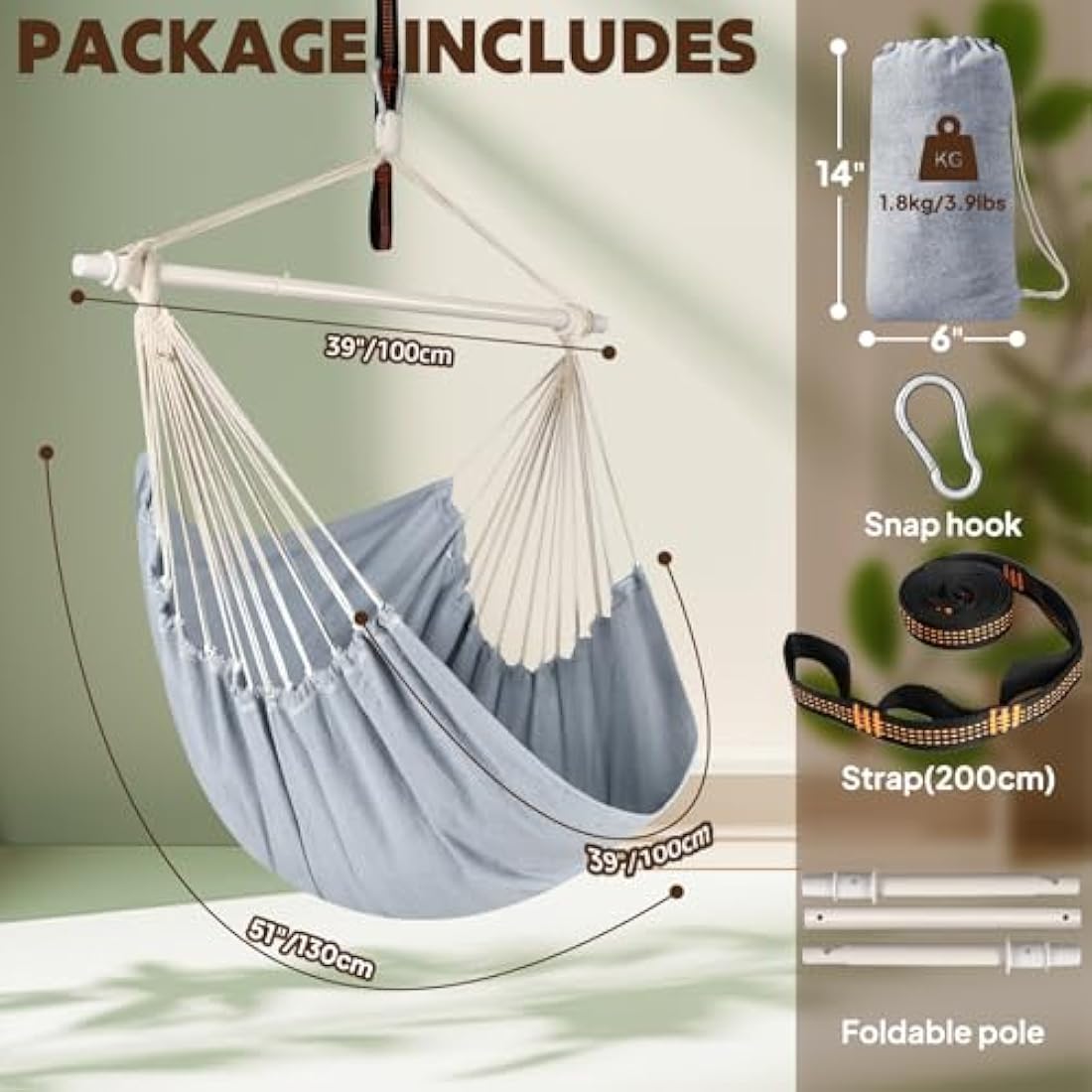 Chihee Hammock Chair Swing Chair Strong Metal Collapsible Spreader Bar Portable Hanging Chair Max 330 lbs Comfy Seat Patio Lawn Chair Cotton Blended for Superior Comfort Durability Indoor Outdoor